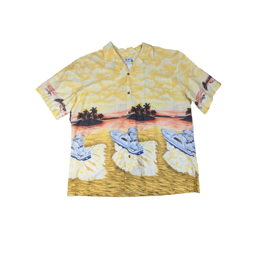 KY'S Men XXL Button Front Shirt Yellow Cotton Hawaiian‎ yacht palm trees sunset